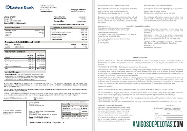 Extrato de hipoteca do USA Eastern Bank em formatos Word e PDF amostra